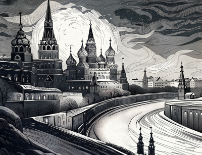 Москва, Кремль. Черно-белая иллюстрация